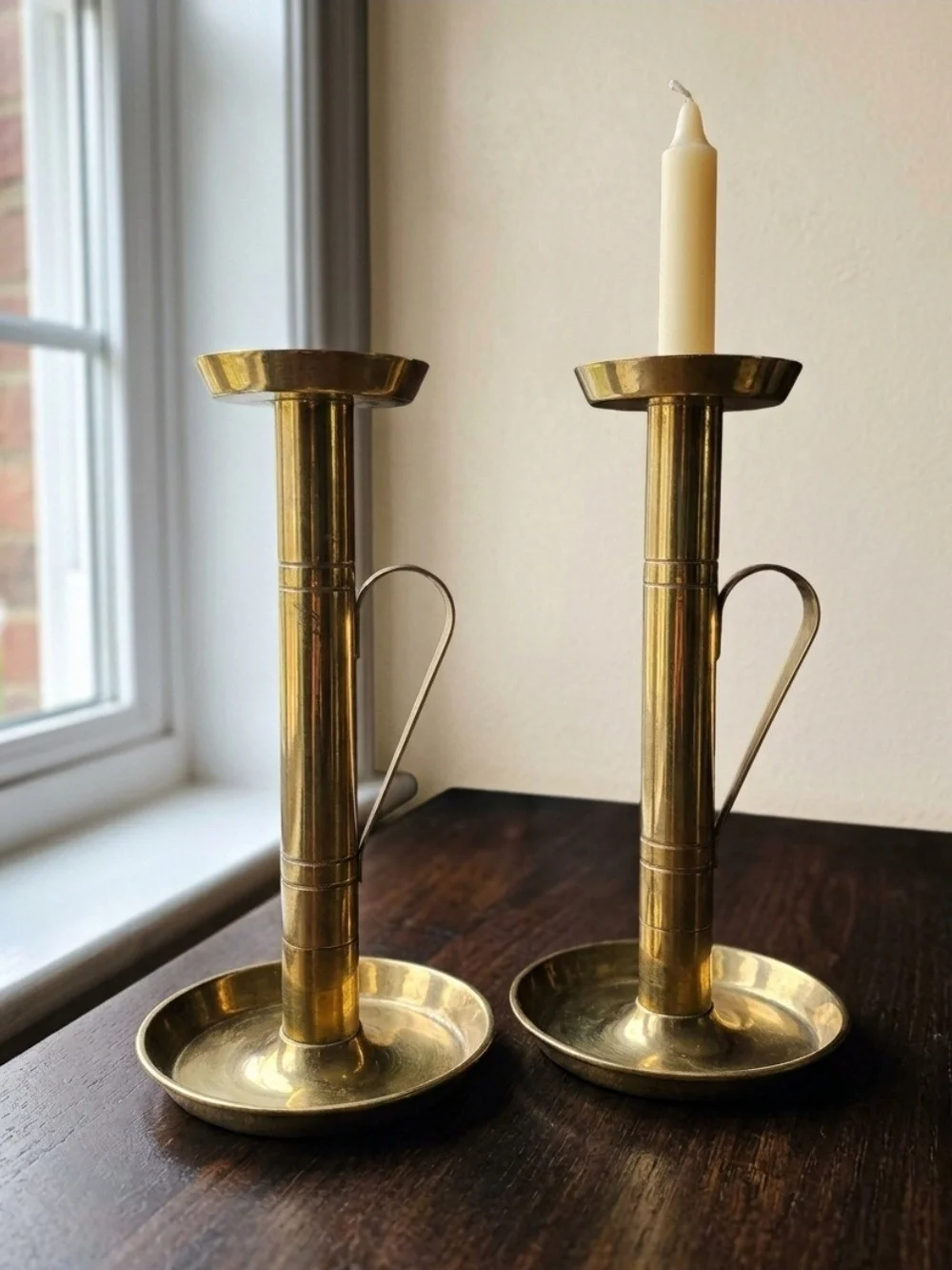 Rare Vintage Signed Brass Trumpet Handled Candlestick Holders Pair